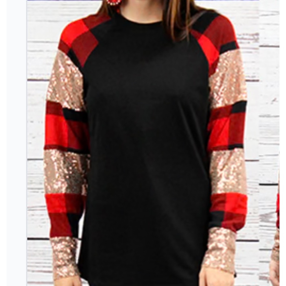 Plaid and Sequin Long Sleeve Top‎ Gold & Red NWT